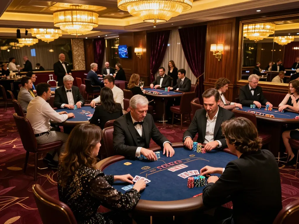Experience strategic gameplay at uu88 in a luxurious casino high-roller area with elegant decor and focused players.