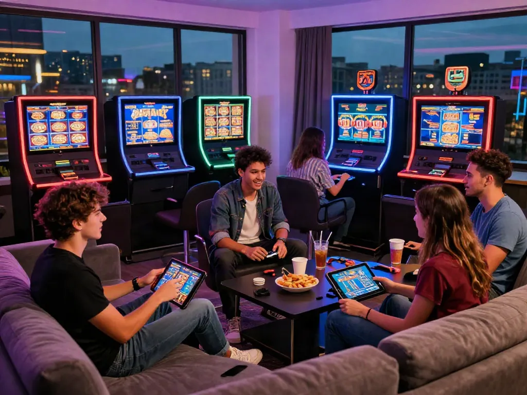 Exciting gaming scene at a non gamstop casino with friends, showcasing vibrant screens and social atmosphere.