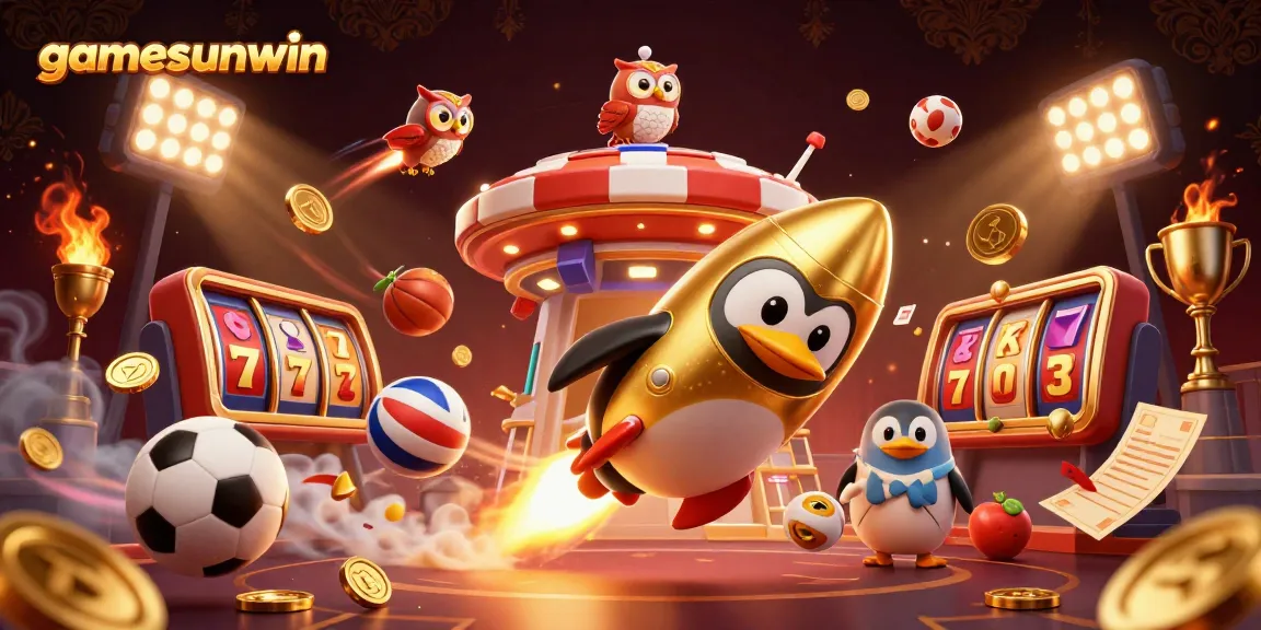 Experience gamesunwin with golden penguin soaring to a casino chip station, surrounded by dynamic slot elements.