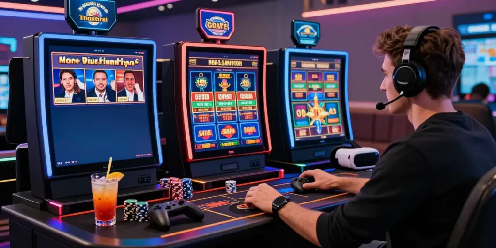 Player enjoying non Gamstop casino games at a high-tech gaming desk with vibrant atmosphere.