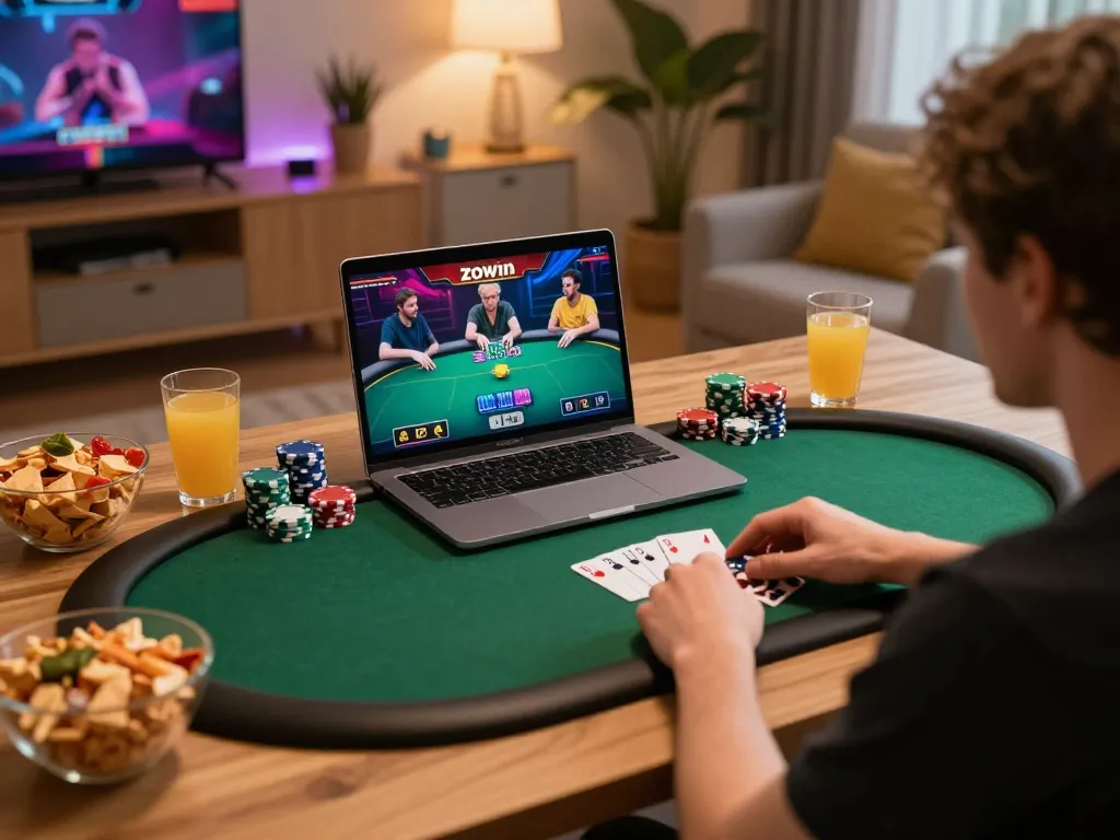 Zowin player strategizing in an online poker game at home, vibrant snacks and drinks nearby.