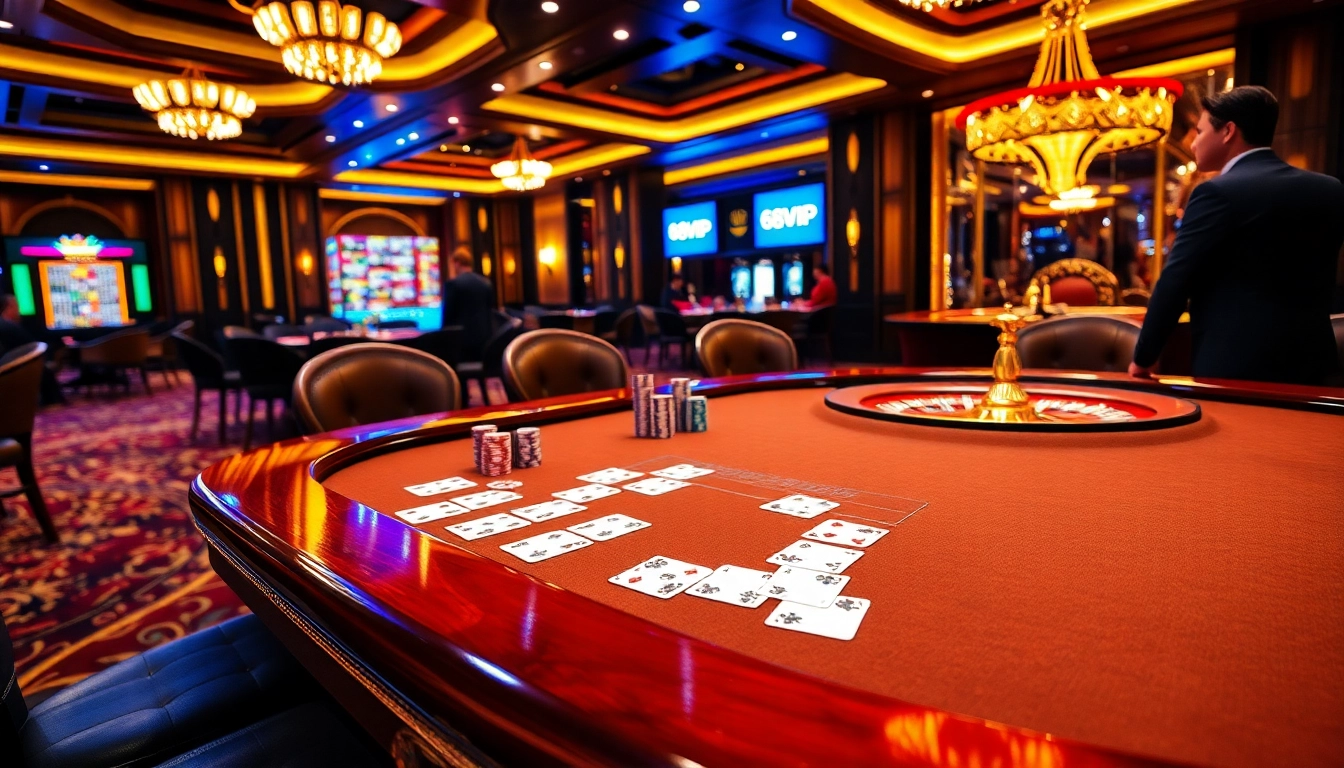 A luxurious poker scene showcasing 68VIP, with stylish gamblers, vibrant poker chips, and an opulent casino atmosphere.