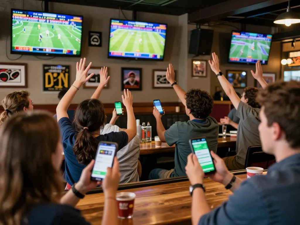Engaged sports bettors at KJC venue using mobile apps for live betting excitement.