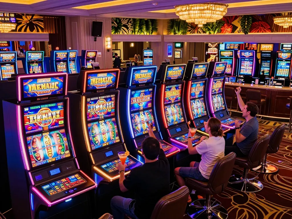 Players celebrate wins at NK88's vibrant casino slots, showcasing dynamic gaming excitement.