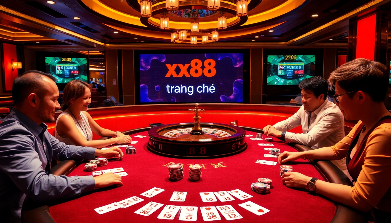 Engaging poker game scene at trang chủ xx88 promoting a vibrant casino atmosphere with cards and chips.