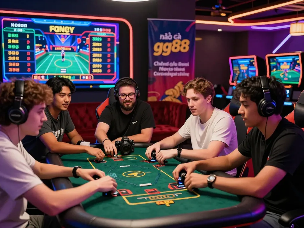 Exciting gambling scene with friends betting at nhà cái gg88, showcasing esports match, vibrant lighting and technology.