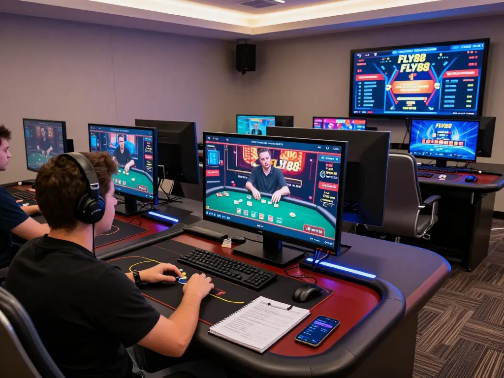Engaged player strategizing on FLY88 at a modern online casino gaming setup.