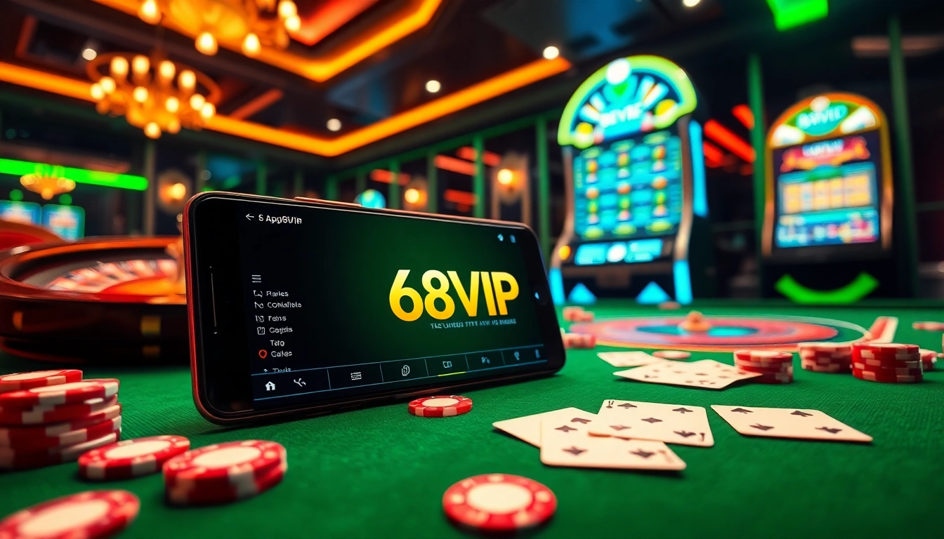 Tải App Nhà Cái 68VIP displayed on a smartphone amidst a lively casino atmosphere with poker chips and cards.
