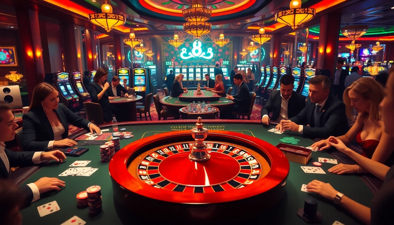 Luck8 casino scene showcasing players engaging at tables with chips and cards.