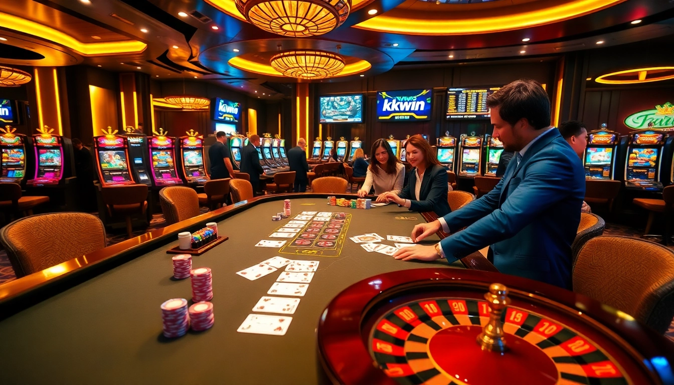 Engaging players enjoying card games at kkwin's luxurious casino, highlighting vibrant poker chips and roulette.