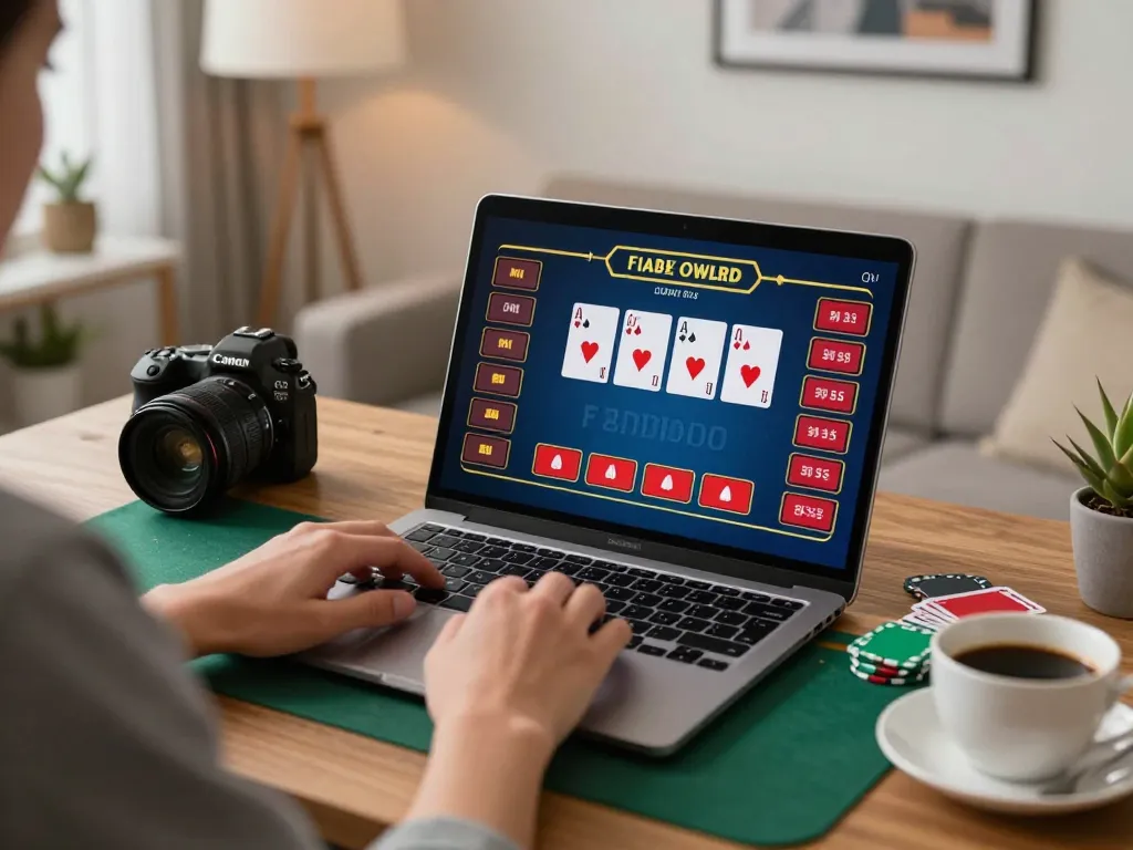 Experience the thrill of debet online blackjack in a stylish home setting with a laptop and warm lighting.