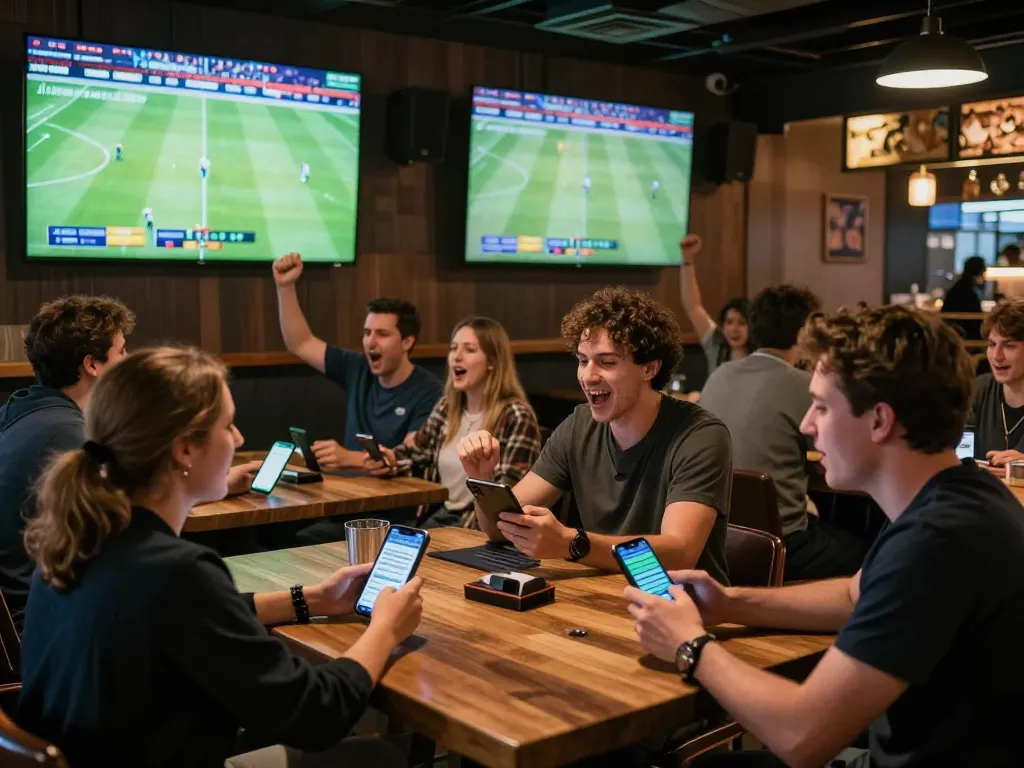 Fans actively placing bets on bóng đá o8 matches in a lively sports bar, showcasing excitement and strategy.
