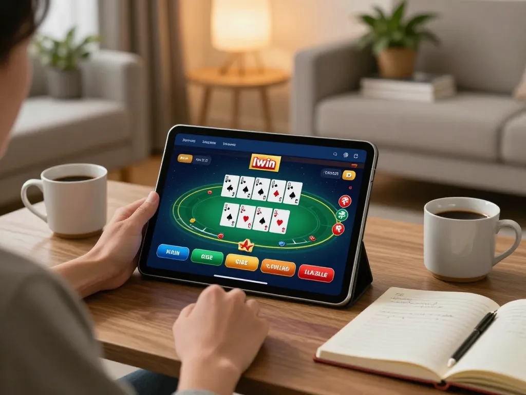 Iwin casino gaming experience on a tablet in a cozy living room