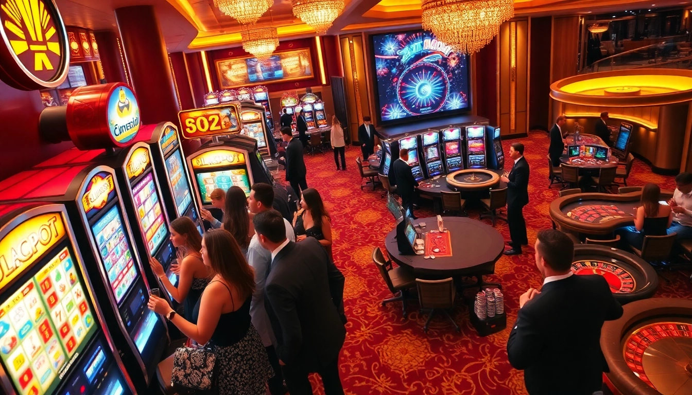 Players enjoying slot machines at a casino, showcasing excitement at https://go8.chat/ with bright lights and luxury ambiance.