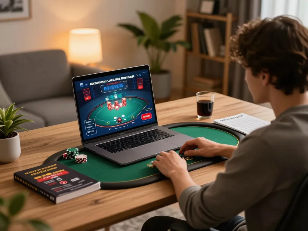 Engaging poker gameplay with Fly88 on a laptop in a modern home setting.