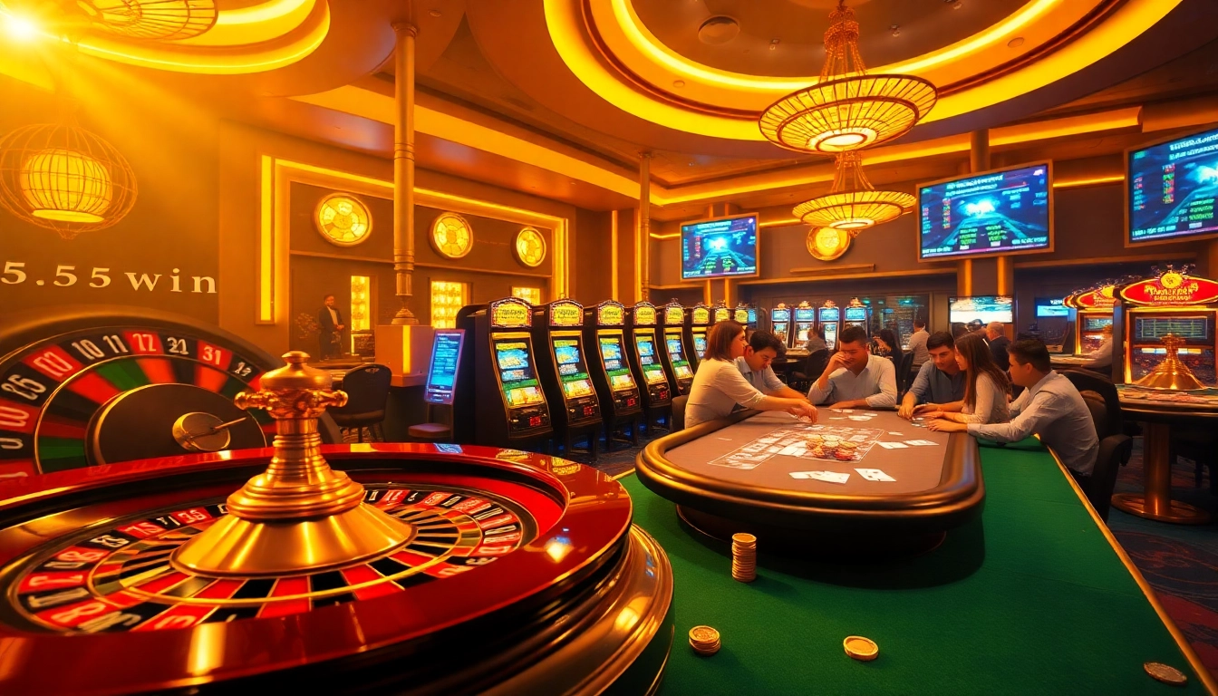 Experience the excitement of 555win through lively casino gaming scenes featuring poker and slot machines.