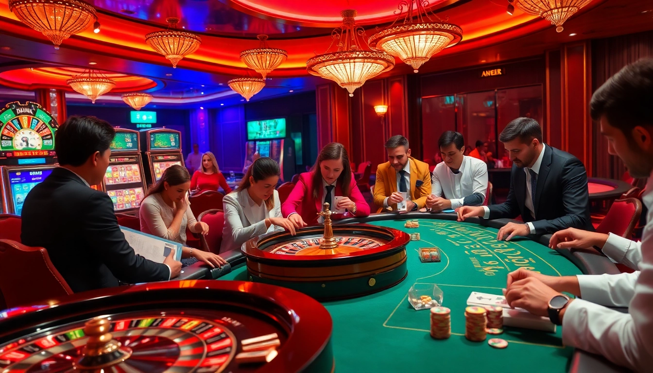 Newphim players engaging in a thrilling casino atmosphere with roulette and poker excitement.