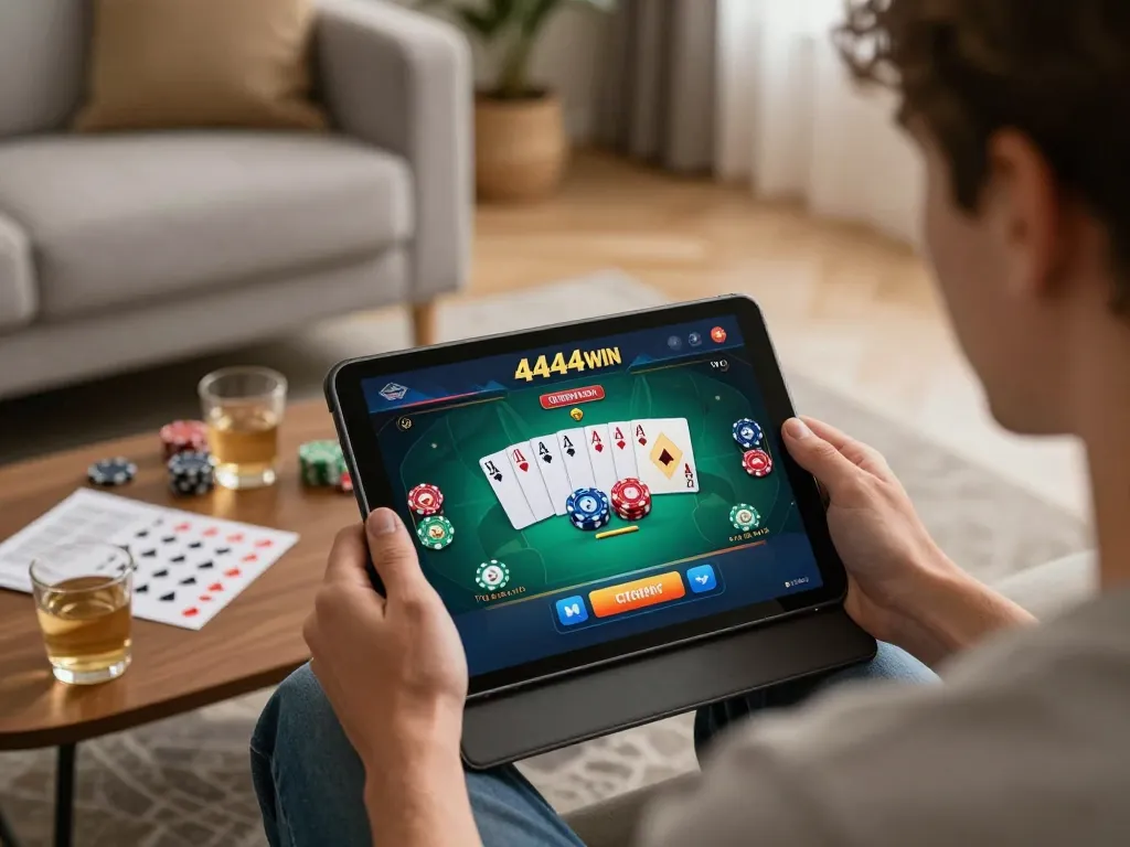 Player engaging with poker on 4444WIN app, cozy home setting with ambient lighting.