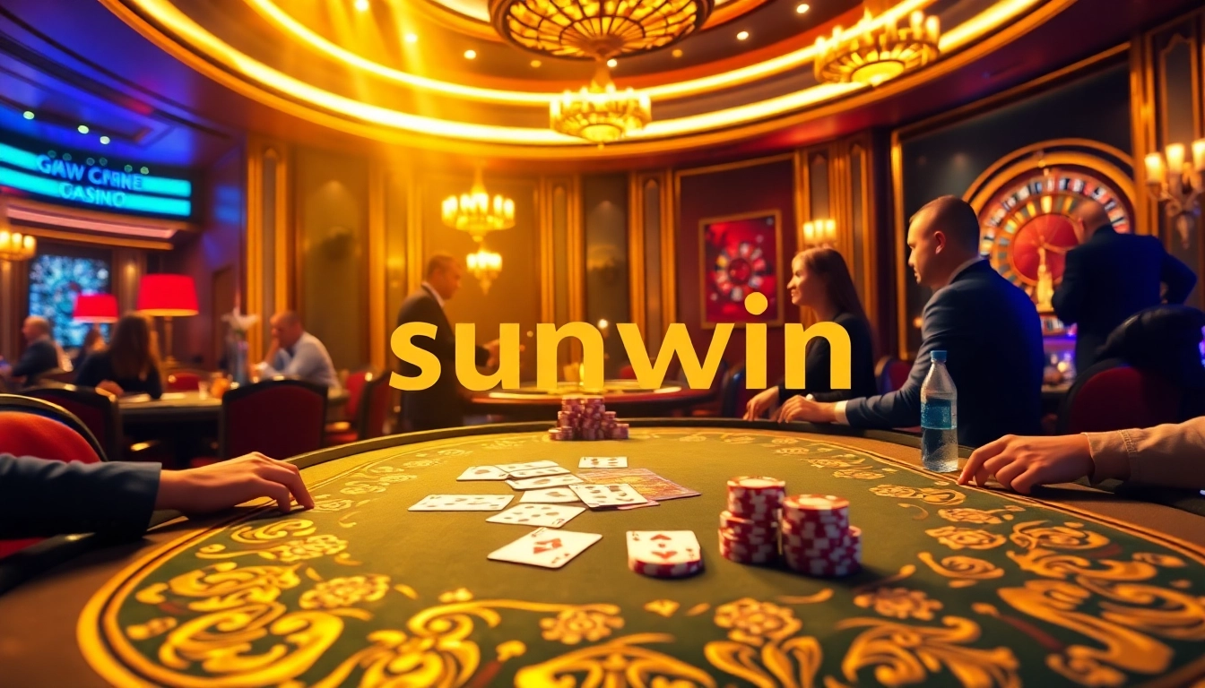 Join the excitement at Sunwin with vibrant poker chips and intense gameplay in a luxury casino setting.