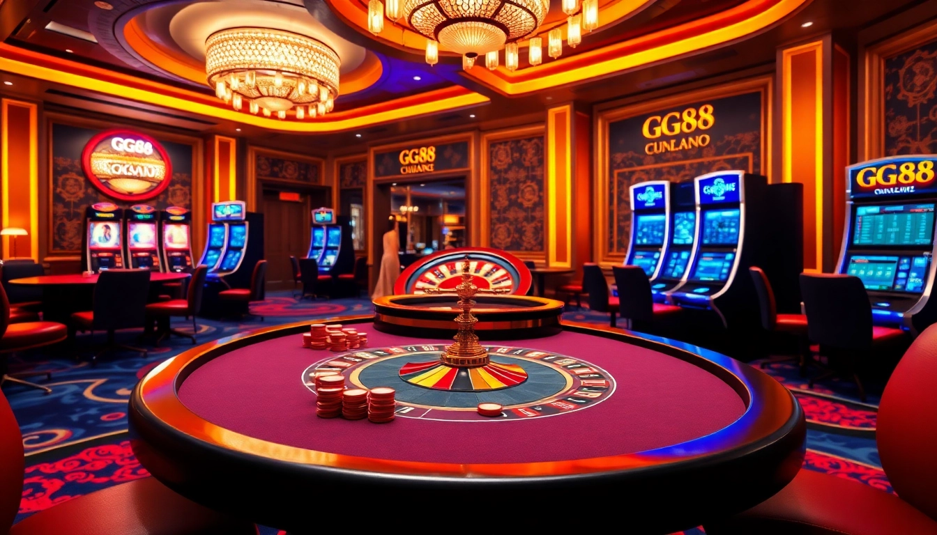 Experience excitement at gg88's luxurious online casino with vibrant lights and high-stakes games.