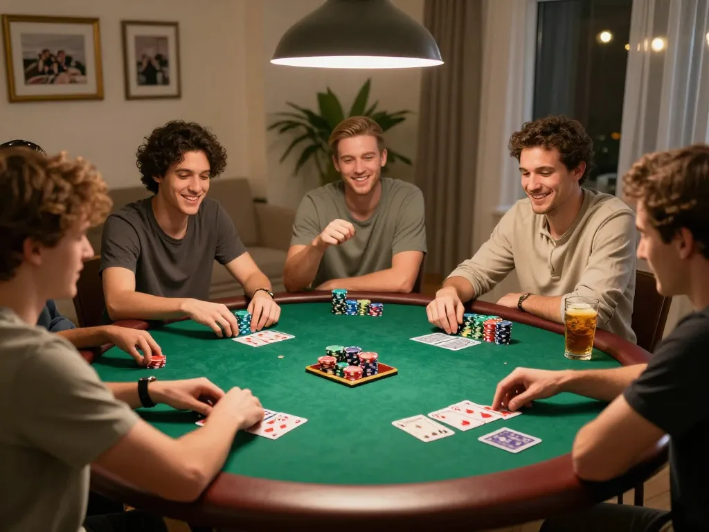 Friends enjoying a lively poker game at home, showcasing man88 camaraderie and strategy in a cozy setting.