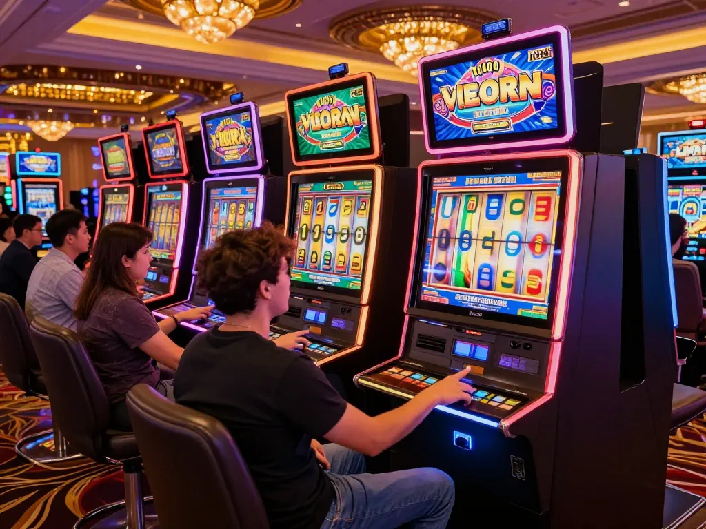 Players engaging with colorful slot machines in a lively casino showcasing mb666 excitement and vibrant lights