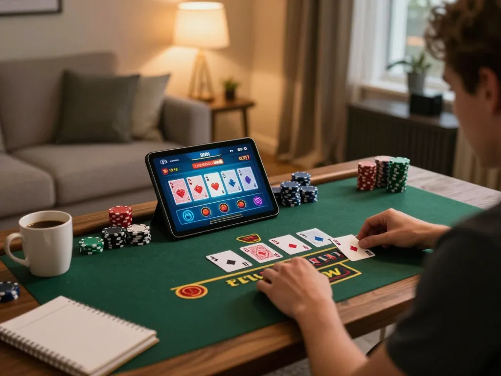 Player enjoying live blackjack at home on 3win with tablet and strategy notes