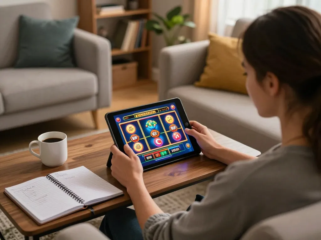 Engaged player exploring various slots at https://scap.co.com/ on a comfy sofa.