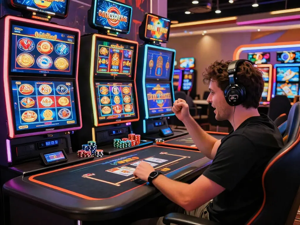 Exciting moment at a non Gamstop casino with player celebrating a win at the gaming desk.