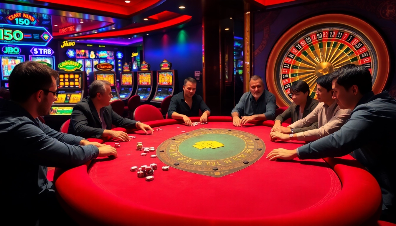 JBO players enjoying a thrilling game at a luxurious casino table, showcasing excitement and high stakes.