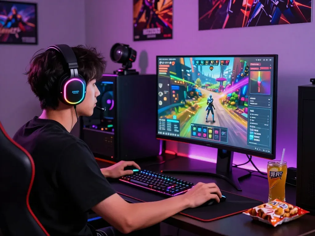 Engaging gaming setup featuring a player at https://five888.br.com/ with vibrant game display and RGB lighting.