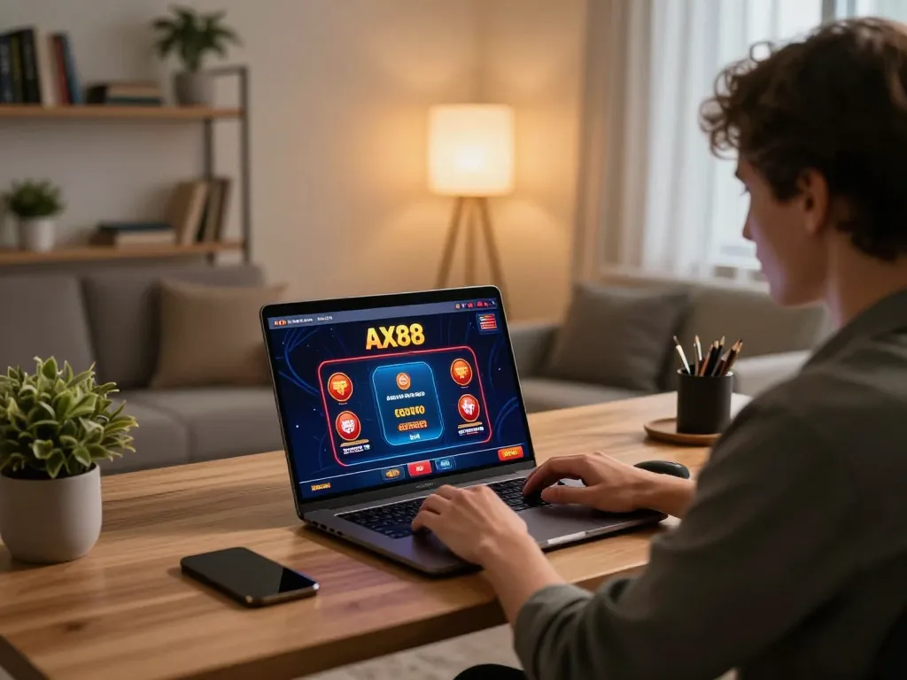Player engaging with AX88 online casino interface on laptop in a cozy home office.