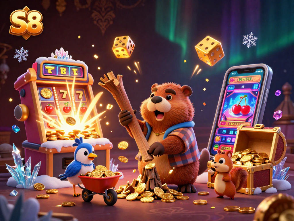 S8 players enjoying a vibrant casino scene with a beaver, bird, and squirrel celebrating a jackpot.