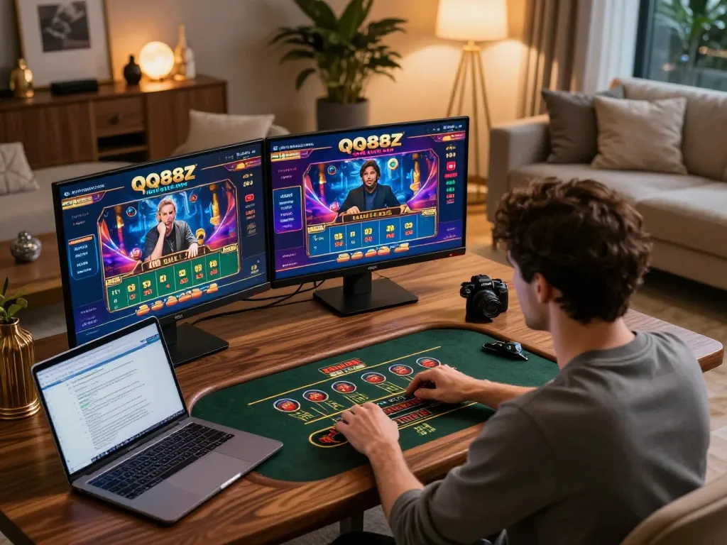 Engaged player using QQ88z Net on dual monitors in elegant home gaming setup, emphasizing strategy and atmosphere.