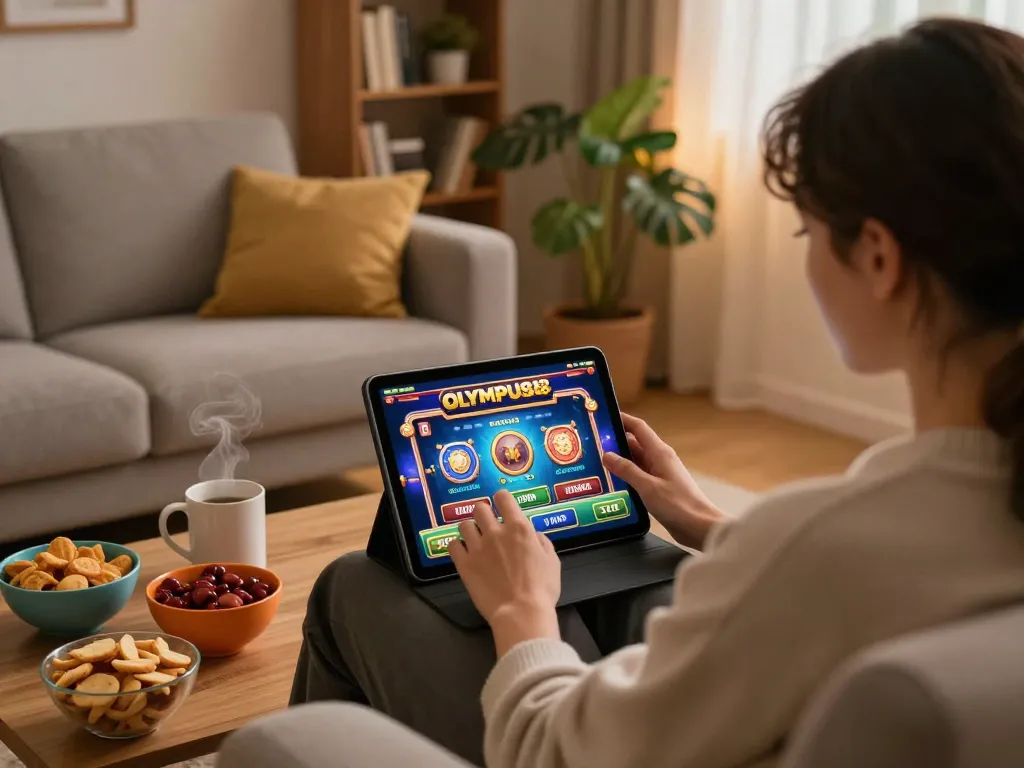 OLYMPUS88 game interface displayed on tablet in cozy home environment, showcasing online gambling activity.