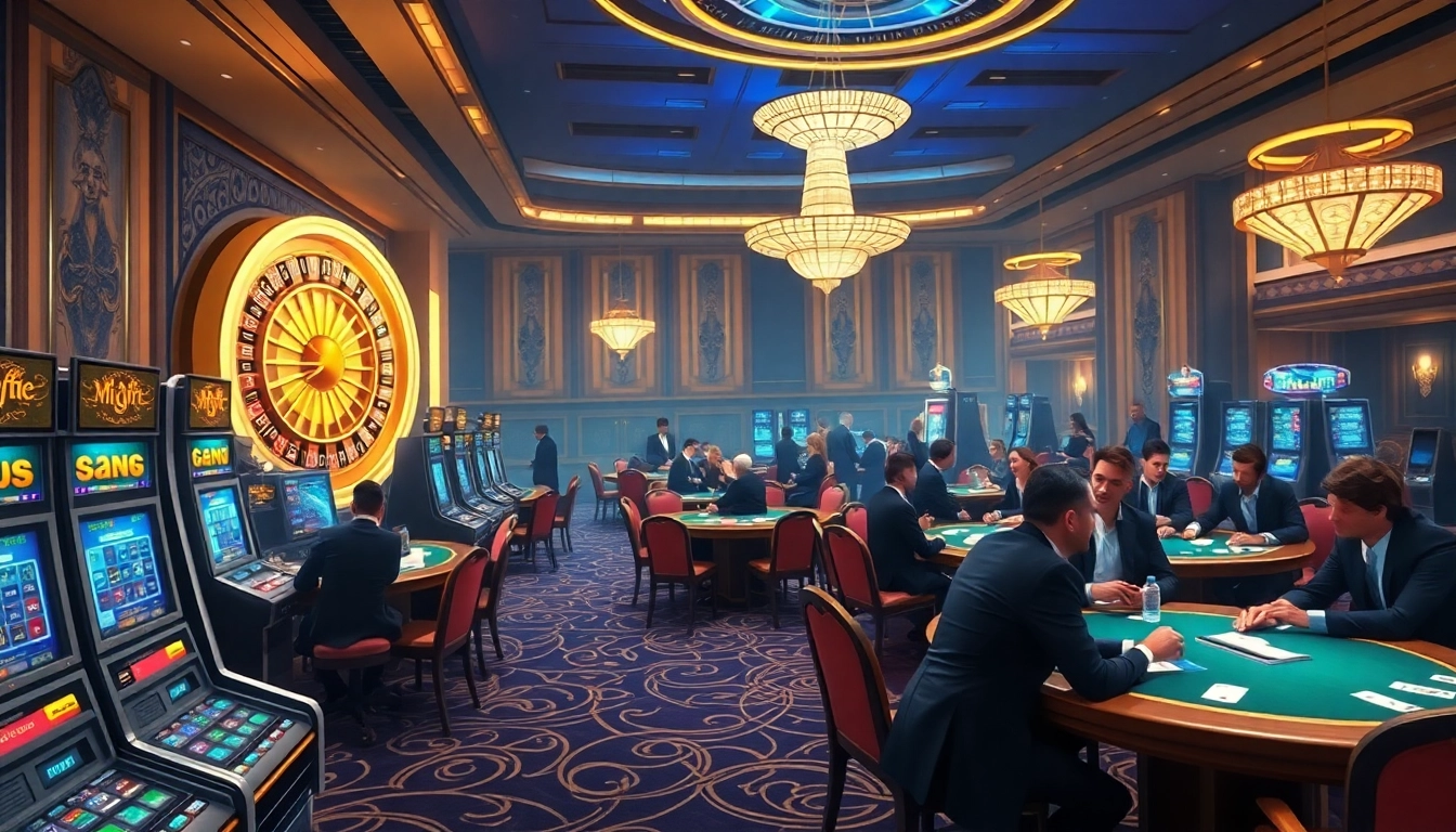 Experience the luxury of MMOO as players engage in poker and slots in a high-end casino.