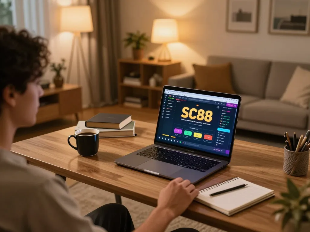 Experience online gaming with SC88 in a cozy home office, tracking strategies and enjoying responsible play.