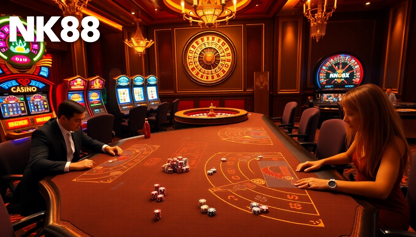 Experience thrilling gaming at NK88 with vibrant tables, slot machines, and professional dealers.