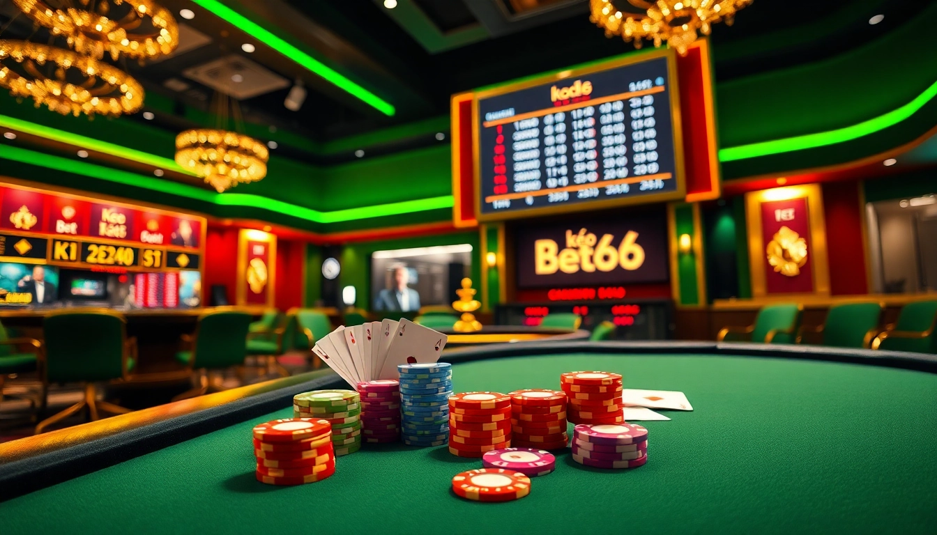 Experience the excitement of kèo bet88 as players engage at a luxurious casino table surrounded by vibrant gaming elements.