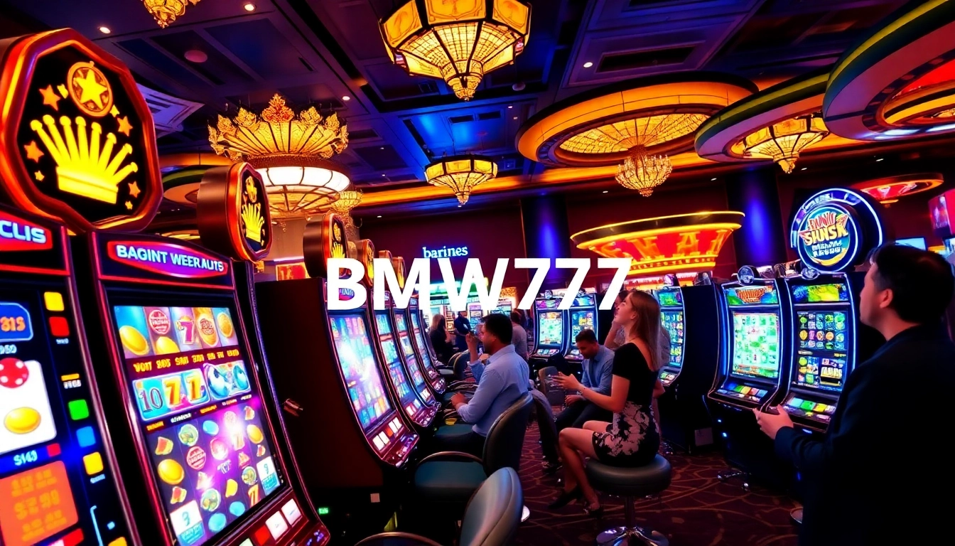 Bmw777 Daftar: Players celebrate winning at a vibrant casino slot machine area.