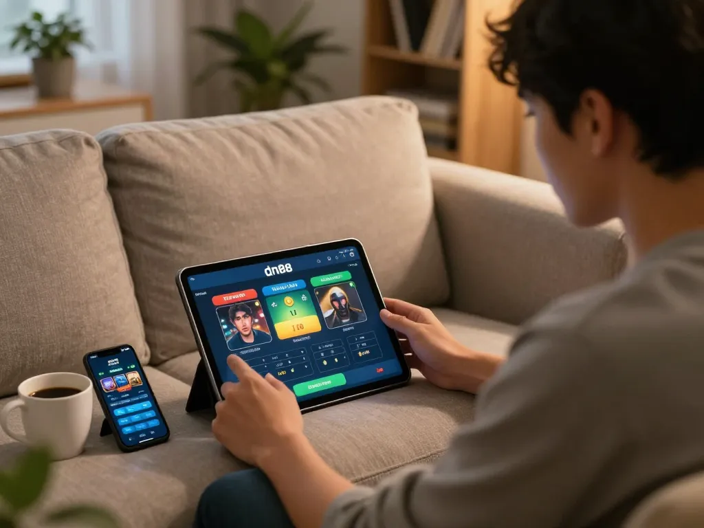 Engaging gameplay at dn88 trang chủ with a player using a tablet in a cozy living room.