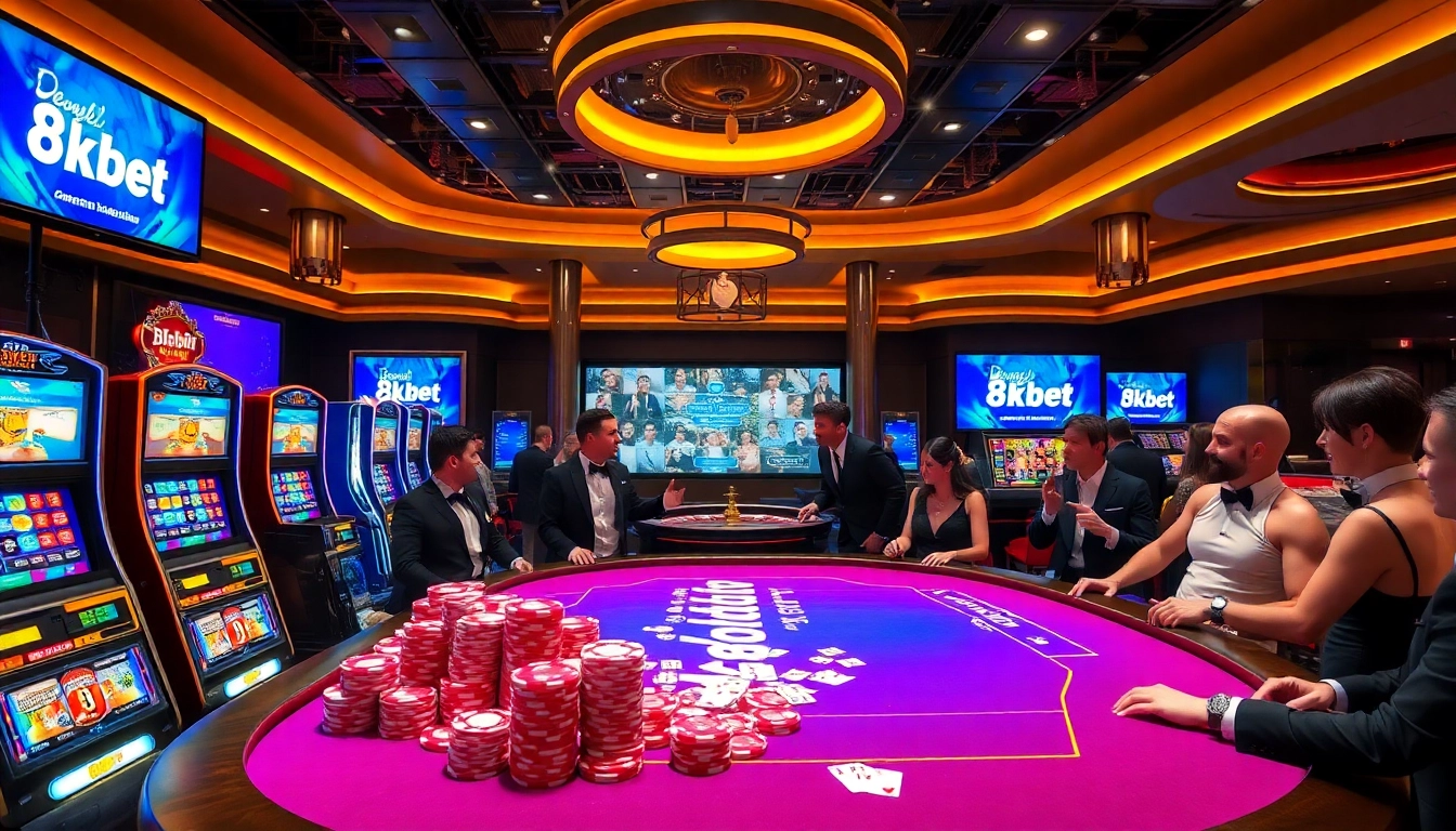 Players at a vibrant casino table, immersed in the excitement of 8kbet gaming.