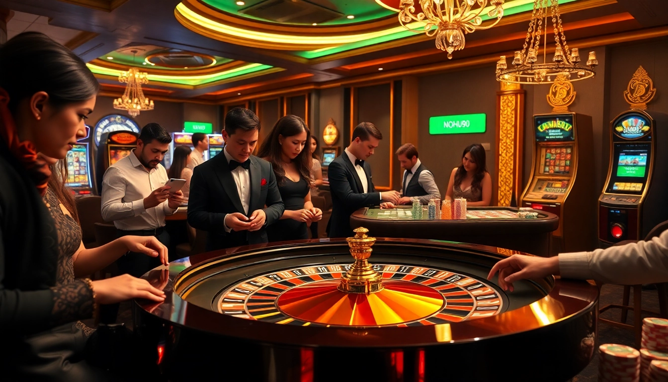 Experience high-stakes excitement at NOHU90 COM with vibrant roulette tables and engaging gamblers.