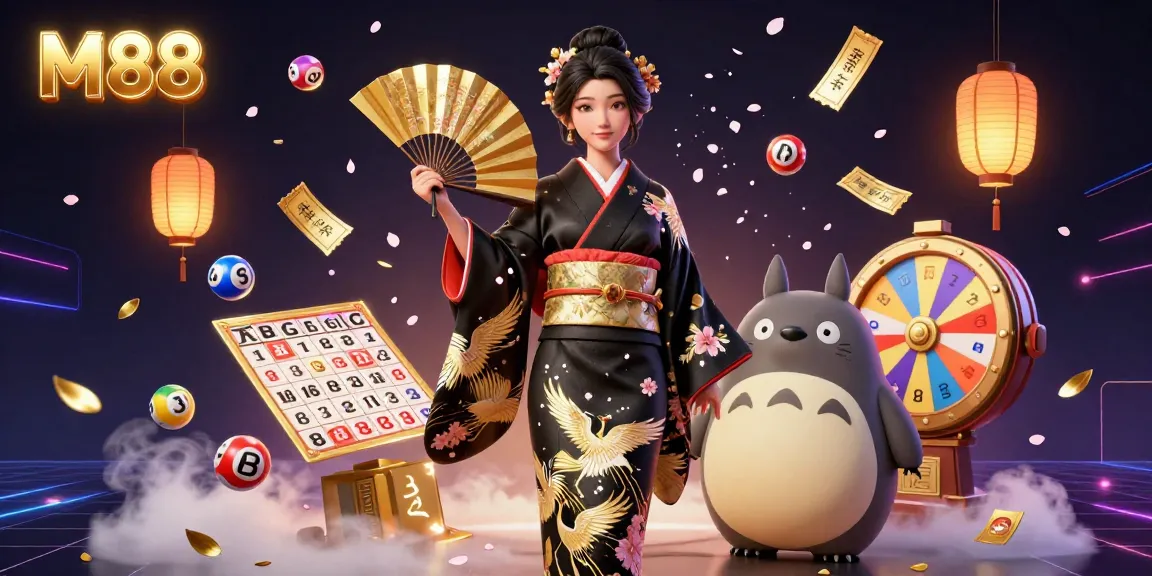 M88 offers exciting gaming with a vibrant scene featuring a woman in kimono, colorful lottery elements, and golden fan.