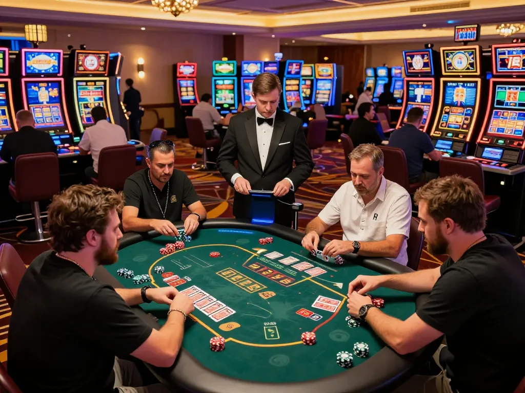 Players gambling at F168 casino tables, showcasing intense gameplay and vibrant atmosphere.