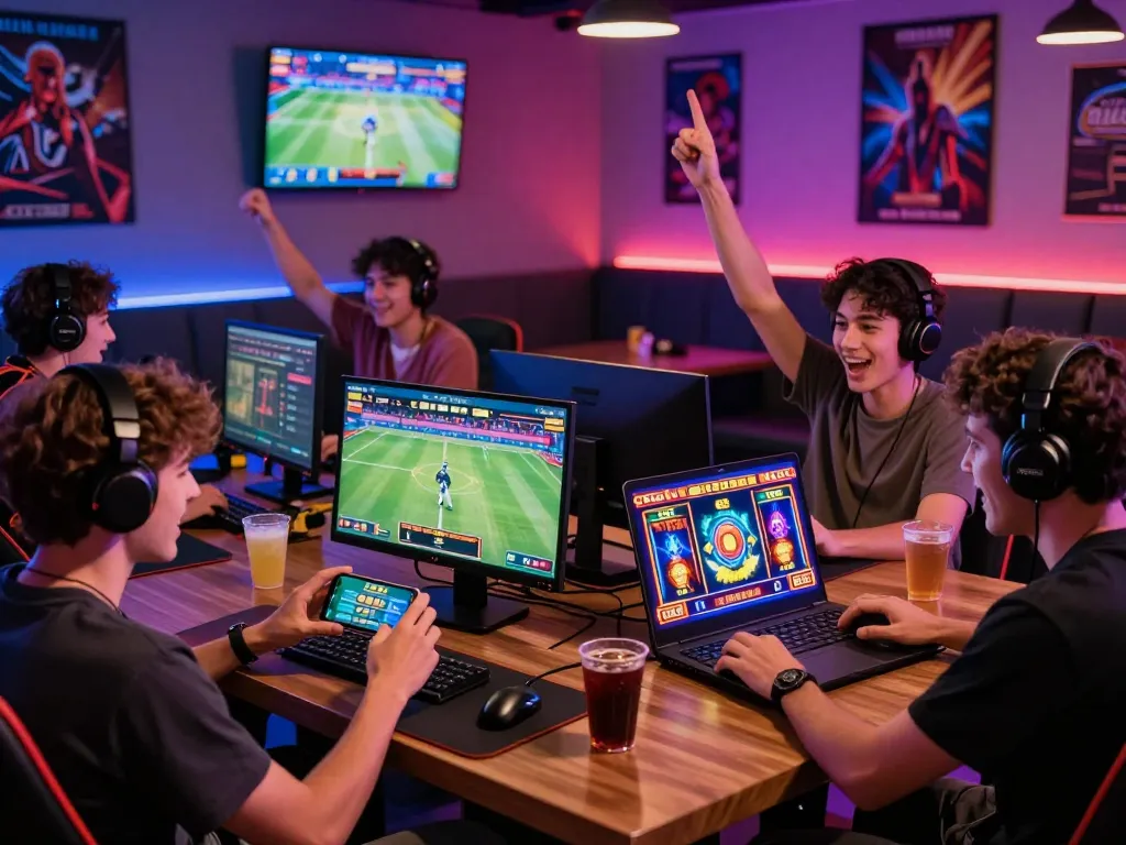 Engaged players enjoying fb88 platform with sports betting and casino gaming in a vibrant lounge setting.