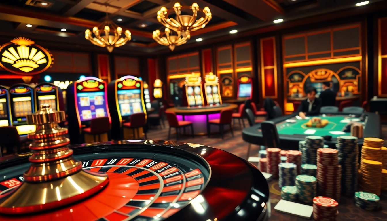 Kèo Nhà Cái betting area with roulette, poker chips, and engaging players in a vibrant casino scene.
