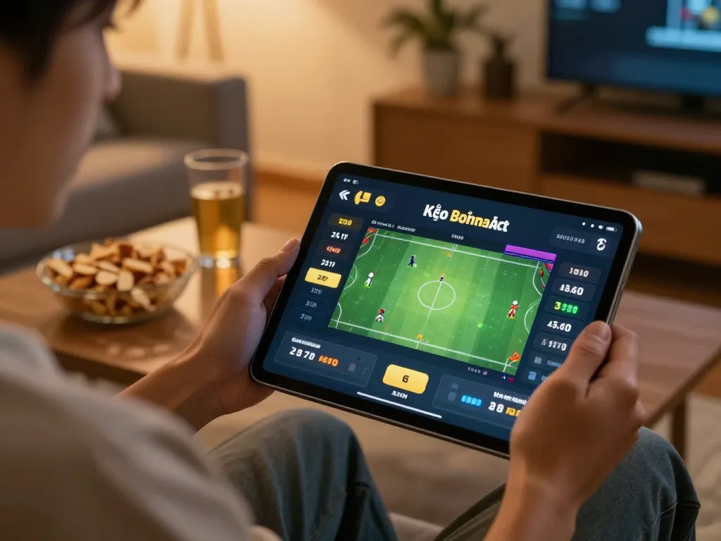 Engaging in kèo bóng đá from home using a tablet while analyzing betting odds in a cozy environment.