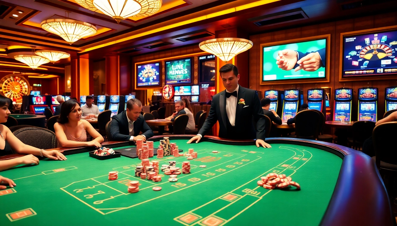 Players enjoying baccarat at Hi88's luxurious casino table, surrounded by vibrant gambling elements.
