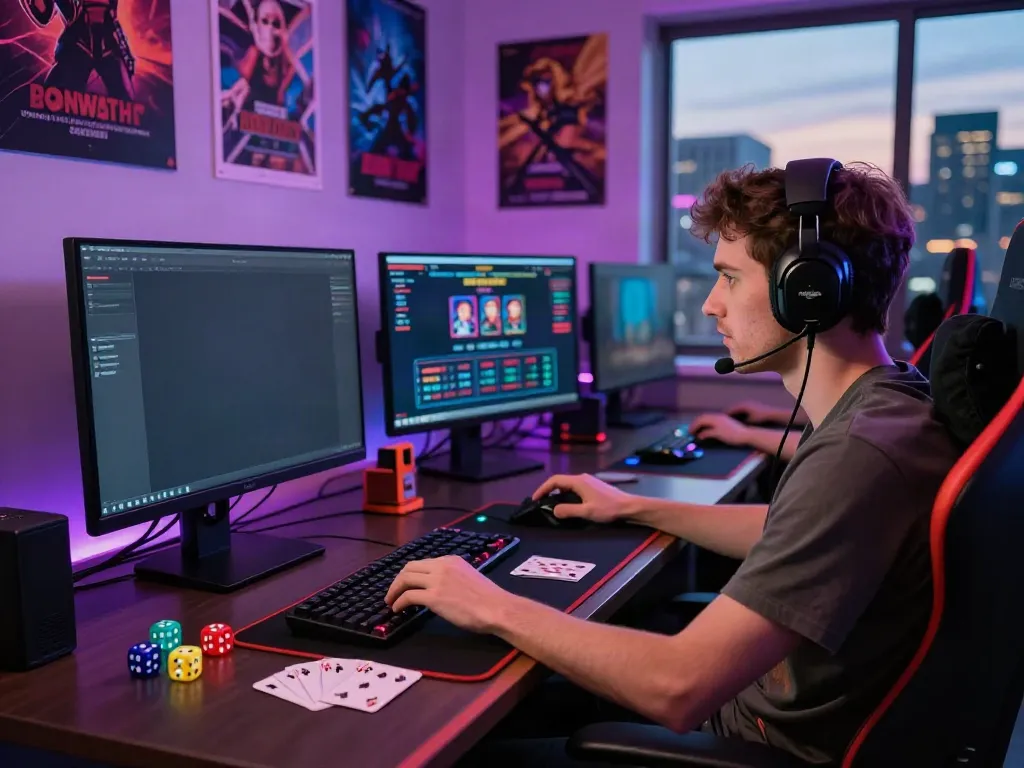 Exciting non GamStop casino gaming scene with focused player and vibrant ambiance.